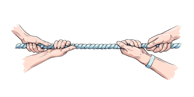 Vector tug war competition with rope hands pulling rope colored hand drawn vector illustration