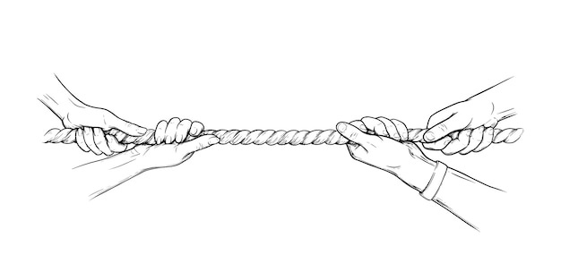 Vector tug war competition with rope. hands pulling rope. sketch hand drawn vector illustration isolated in white background