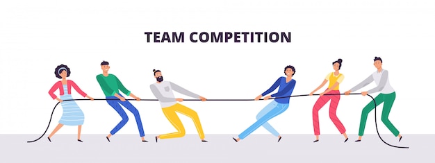 Tug of war. People teams pull the rope, office workers compete and rope pulling competition   illustration