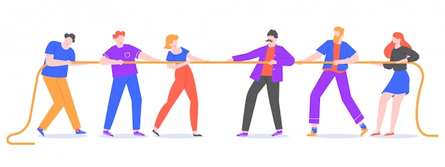 Vector tug of war. young people pull the rope, opposite teams at rope pulling competition. corporate competitions and active tug game   illustration. competitors characters struggling