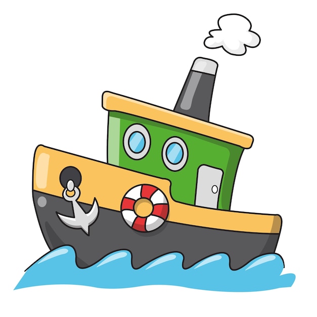 Tugboat cartoon style ship isolated on white background vector illustration