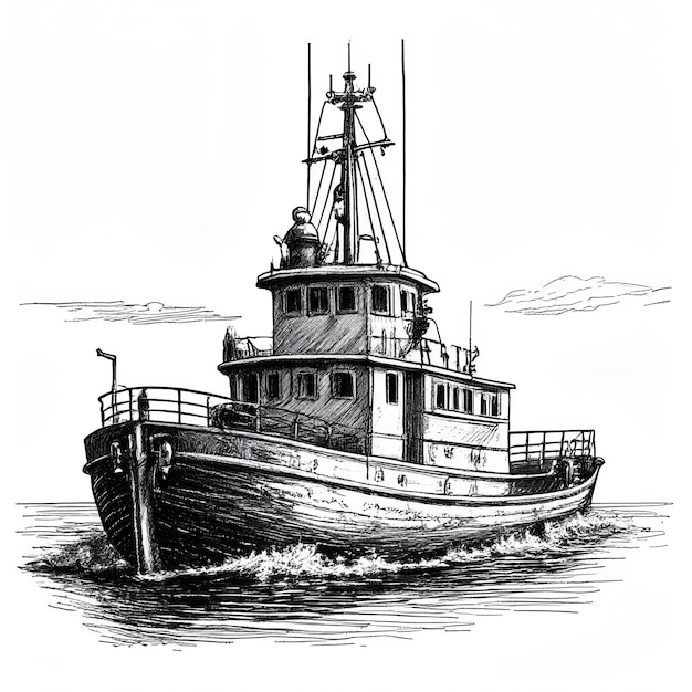 Vector tugboat vector monochrome sketch drawing black and white monochrome engraving style