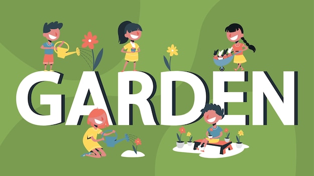 Tuin één woord banner concept. kinderen tuinieren