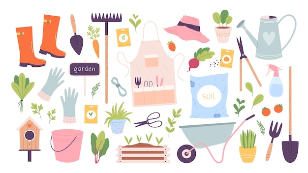Tuin gereedschap set Wheelbarrow en rake landbouw gereedschap lente organische planten landbouw zaden tuinieren water kan en bloempot racy vector clipart van tuinieren gereedschap illustratie