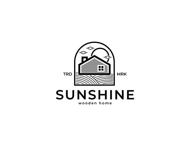 Tuin houten huis en zon minimalistisch illustratie logo