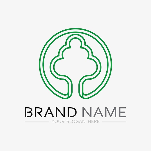 Tuin logo met schop icoon en boom met groene bladeren logo sjabloon