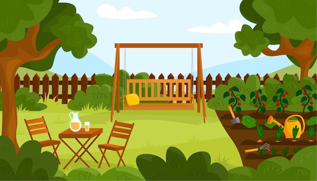 Vector tuin op zonnige dag met meubels schommels tuingereedschap ontspannende zone onder de bomen
