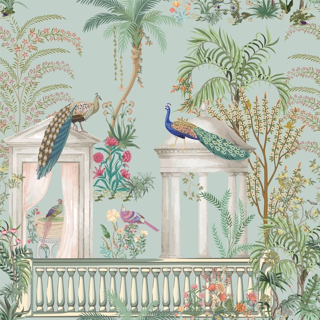 Tuinboog peacock plant en vogel vector illustratie naadloos patroon