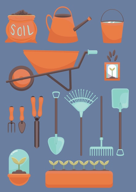 Tuingereedschap tentoongesteld (oranje-blauw)