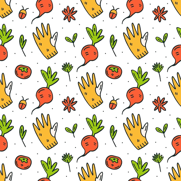 Tuinhandschoen, radijs en bloem doodle hand getekende naadloze patroon