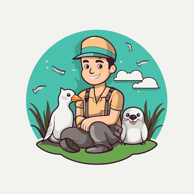 Tuinier met meeuwen cartoon vector illustratie grafisch ontwerp