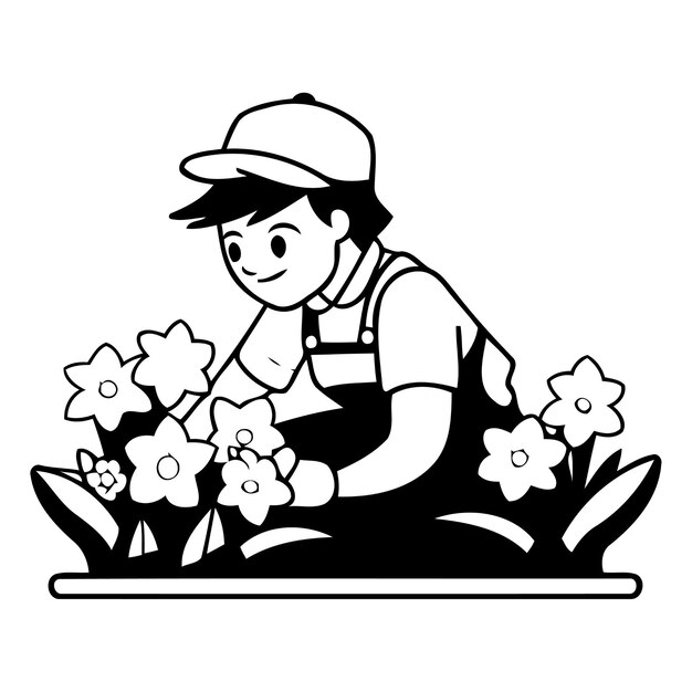 Vector tuinier met narcissen vector illustratie in cartoon stijl