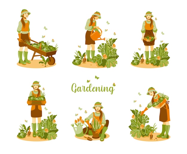 Tuinieren en oogsten. Seizoen lente - zomer. Werk in de tuin. Vector illustratie. Set.