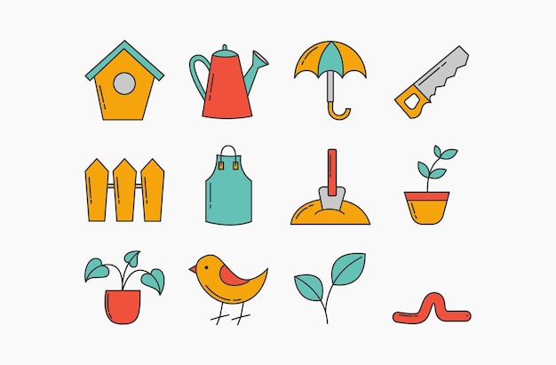 Vector tuinieren kleurrijke iconen hobby tuin concept vectorillustraties line elementen van tools