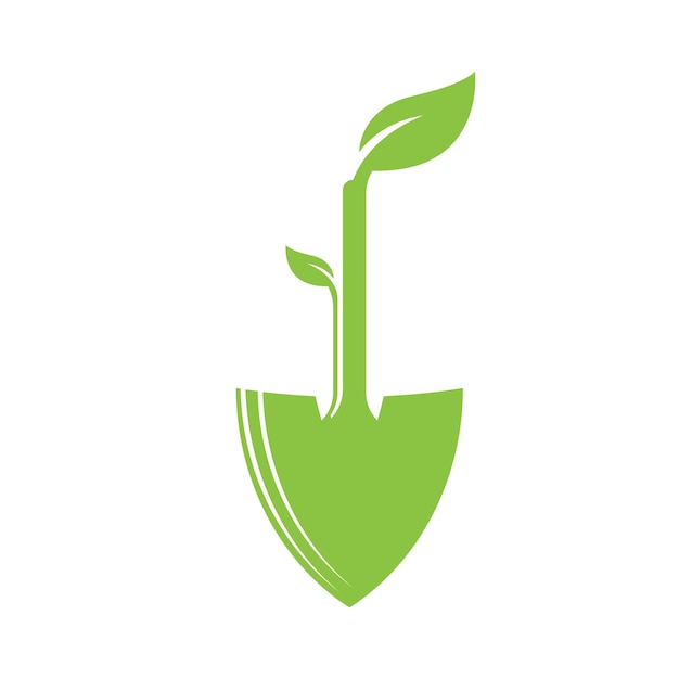 Tuinieren logo met schop icoon en boom met groene bladeren logo sjabloon