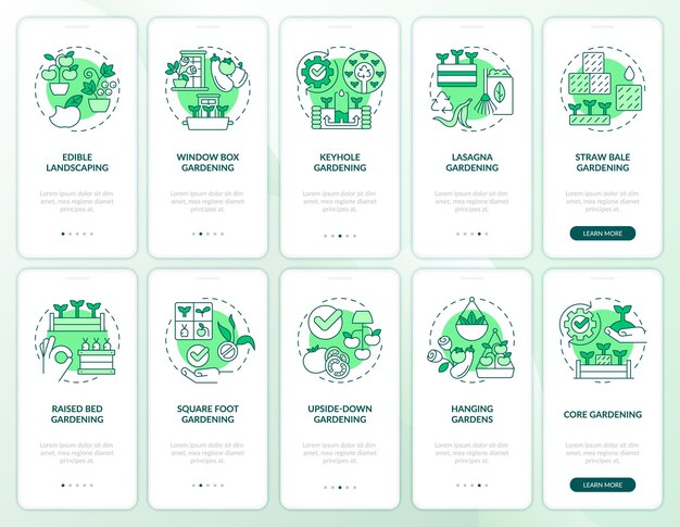 Tuinieren methoden groene onboarding mobiele app scherm set