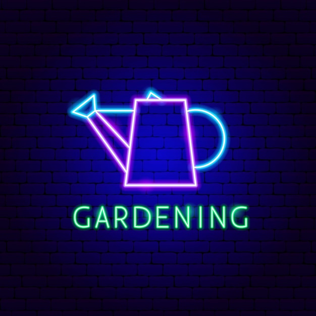 Tuinieren neon label. vectorillustratie van gieter promotie.