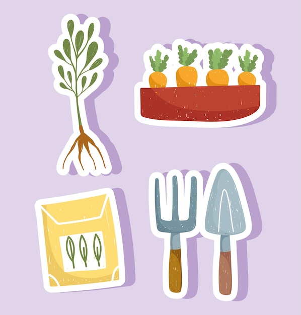 Tuinieren plant wortelen pack zaden en gereedschap stickers hand getrokken kleur illustratie