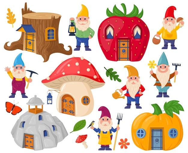 Vector tuinkabouters tekens en schattige cartoon sprookjeshuizen magische wereld kabouters paddestoel en pompoen huizen vector illustratie set sprookjesfiguren en elementen