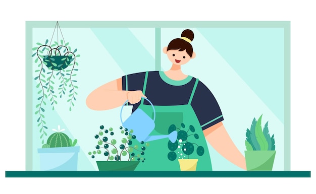 tuinman in het herbarium planten water geven, tuinplanten