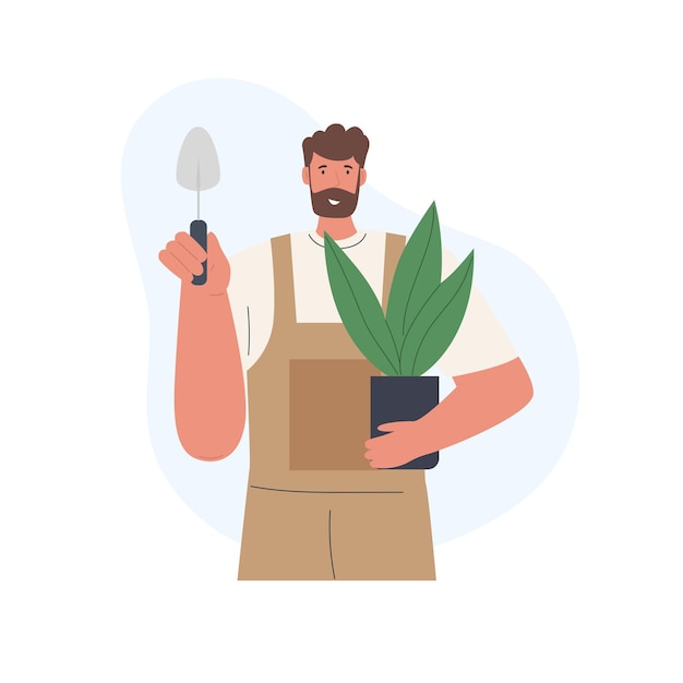 Tuinman met plant in bloempot vectorillustratie