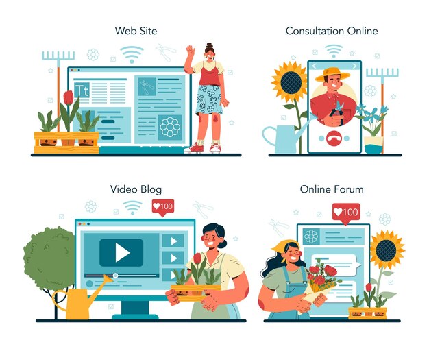 Tuinman online service of platform set. Idee van tuinbouw- of landschapsontwerper. Karakter planten bomen en bloemen. Online forum, overleg, videoblog, website. Platte vectorillustratie