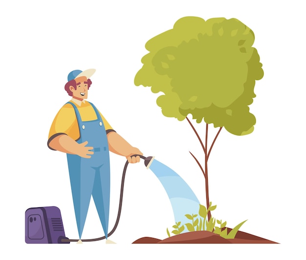 Tuinmansamenstelling met krabbelkarakter van mannelijke tuinman die boom met waterslang vectorillustratie water geeft