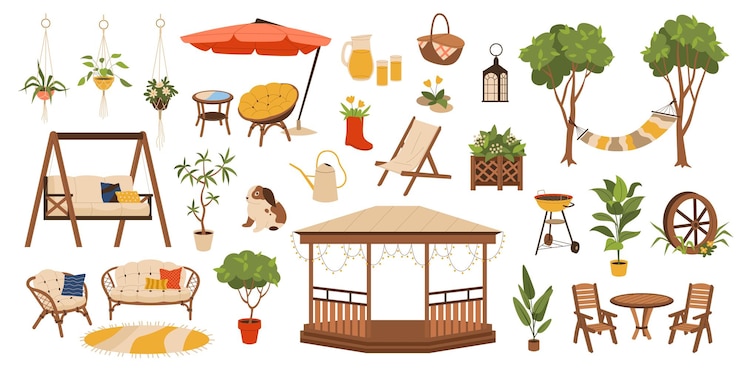 Vector tuinmeubilair achtertuin cartoon platte elementen zomerterras en patio buiten lounge items ontspannen moderne park objecten houten tafel en stoelen hangmat en tuinhuisje netjes vector set