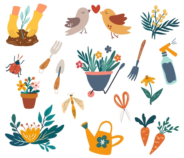 Tuinset. Handgetekende tuinwerkelementen: gereedschap, bloempot, gieter, bloemenkar, insecten en vogels. Tuinman boerderij, bloemenwinkel. Lente, zomertijd. Cartoon vectorillustratie.