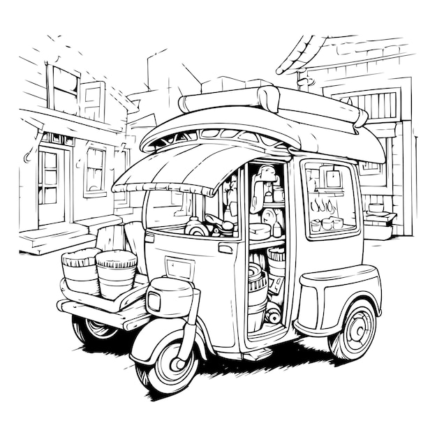 Tuk Tuk in the city hand drawn vector illustration