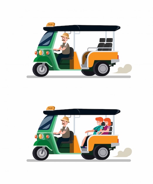 Trasporto tradizionale del risciò del tuk di tuk dalla tailandia con l'insieme dell'icona delle coppie del turista e del driver. cartoon illustrazione vettoriale piatta