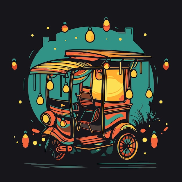 Vettore tuktuk in città illustrazione vettoriale su sfondo nero