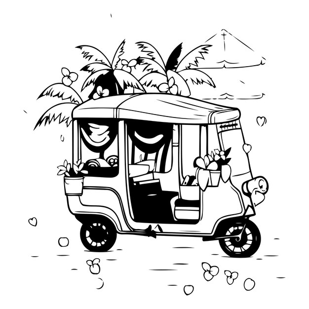 Tuktuk op het strand met palmbomen en bloemen