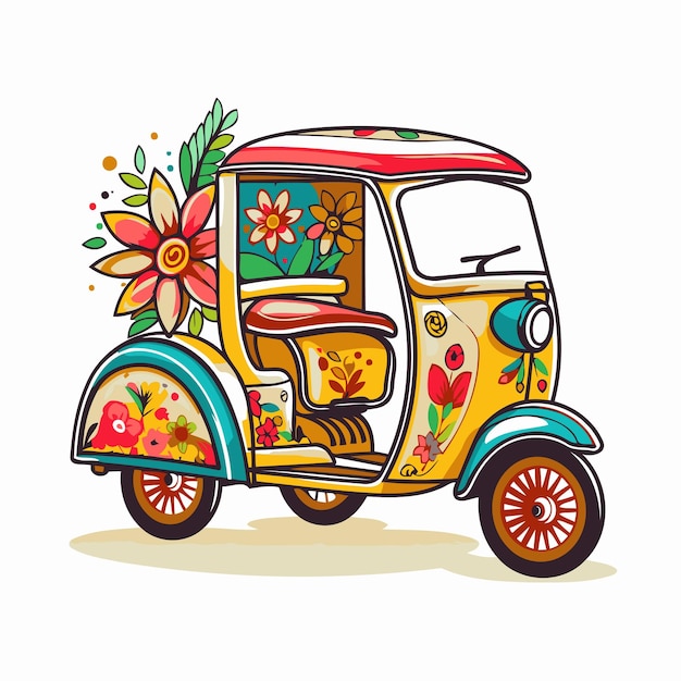 Tuktuk with flowers and leaves Vector illustration