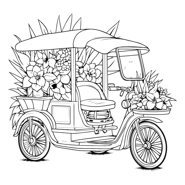 Vector tuktuk with flowers vector illustration in black and white