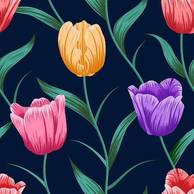 Tulip Flower seamless pattern with leaves tropical background