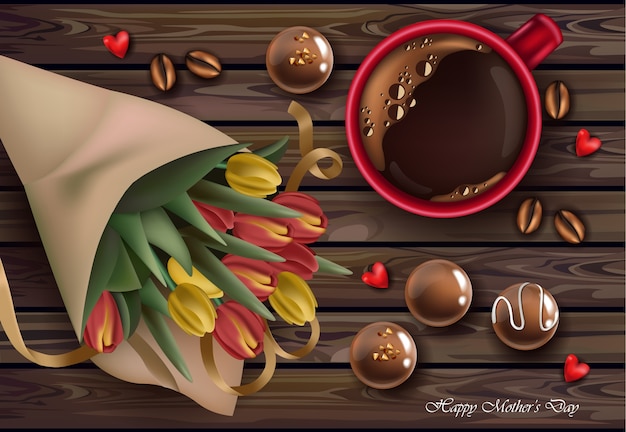 Tulip flowers bouquet and coffee cup