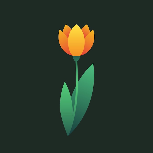 Vettore iconica del tulipano fiore arancione stilizzato con foglie verdi su sfondo nero