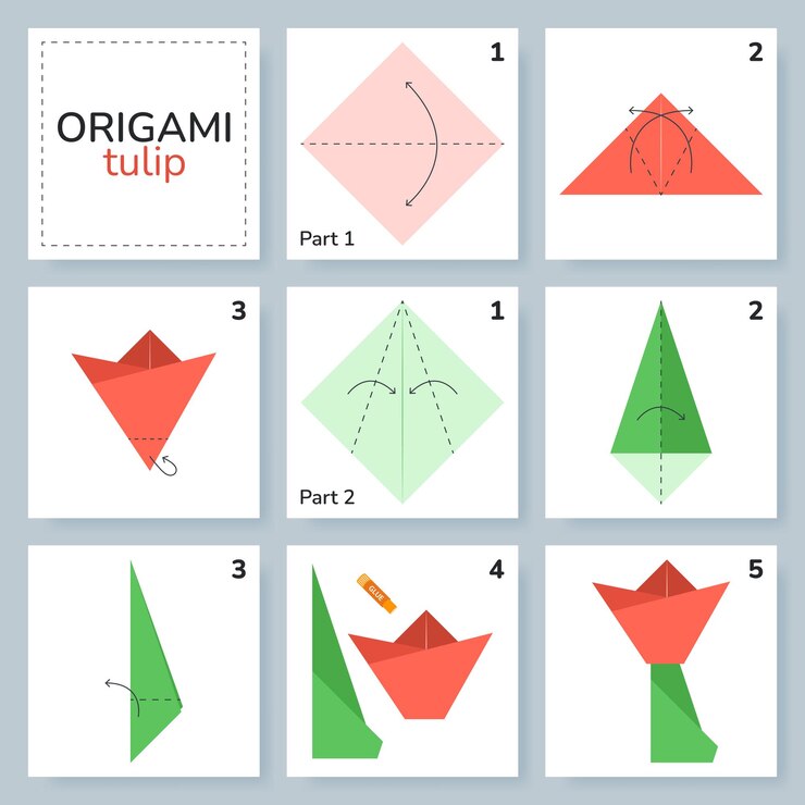 Vector tulip origami schema tutorial bewegend model origami voor kinderen stap voor stap