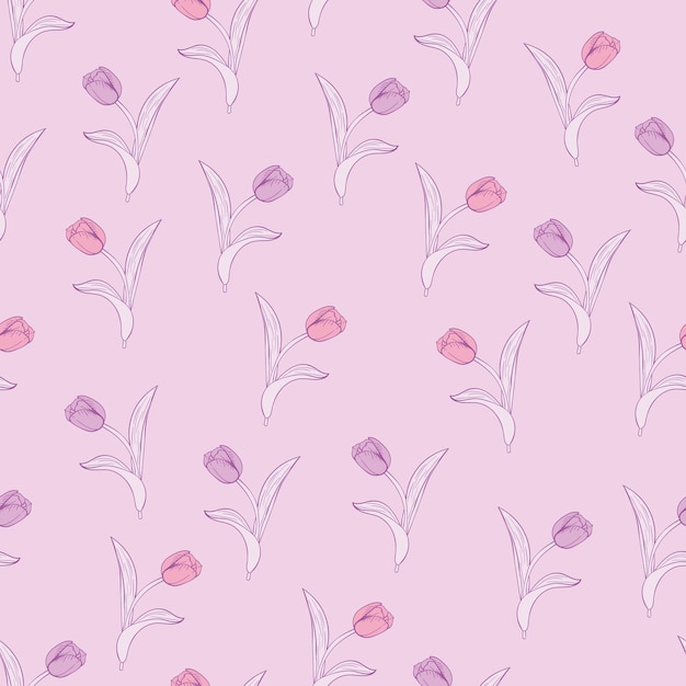 Vector tulip purple flowers and leaves seamless pattern background nature wrapping paper or textile design