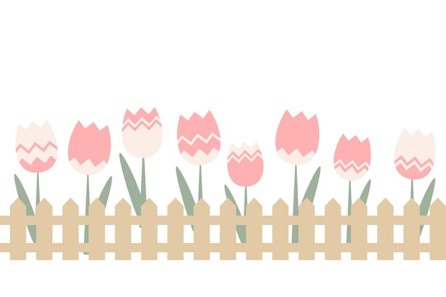 Tulips on flowerbed behind fence spring flowers seamless pattern