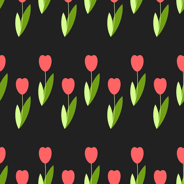 チューリップのシームレスなパターン黒の背景に緑の葉と赤い花