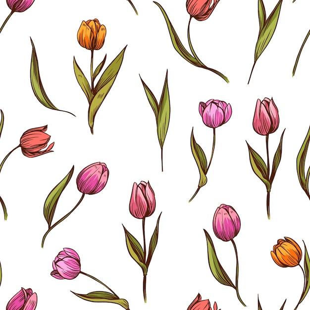 Vector tulips seamless vector pattern botanical background hand drawn sketch black outline engraving style