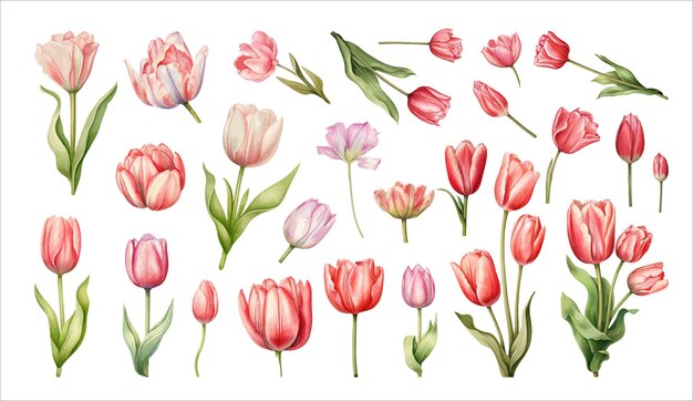 Tulips set Hand drawn watercolor illustration