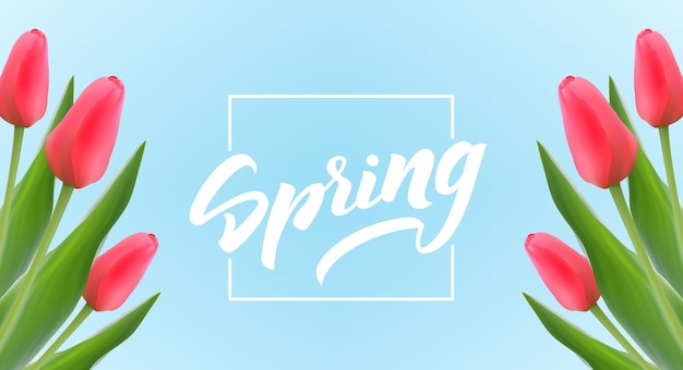 Vector tulpen en handgeschreven elegante borstelbelettering van hallo lente