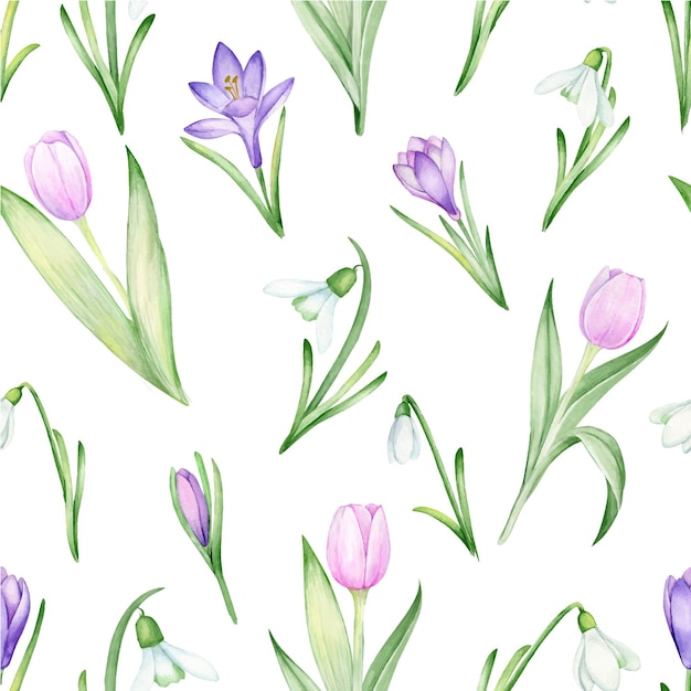 Tulpen, krokussen, sneeuwklokjes. aquarel naadloze patroon op een geïsoleerde achtergrond.