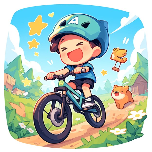 A Tulsa boy rides a mountain bike in cartoon style