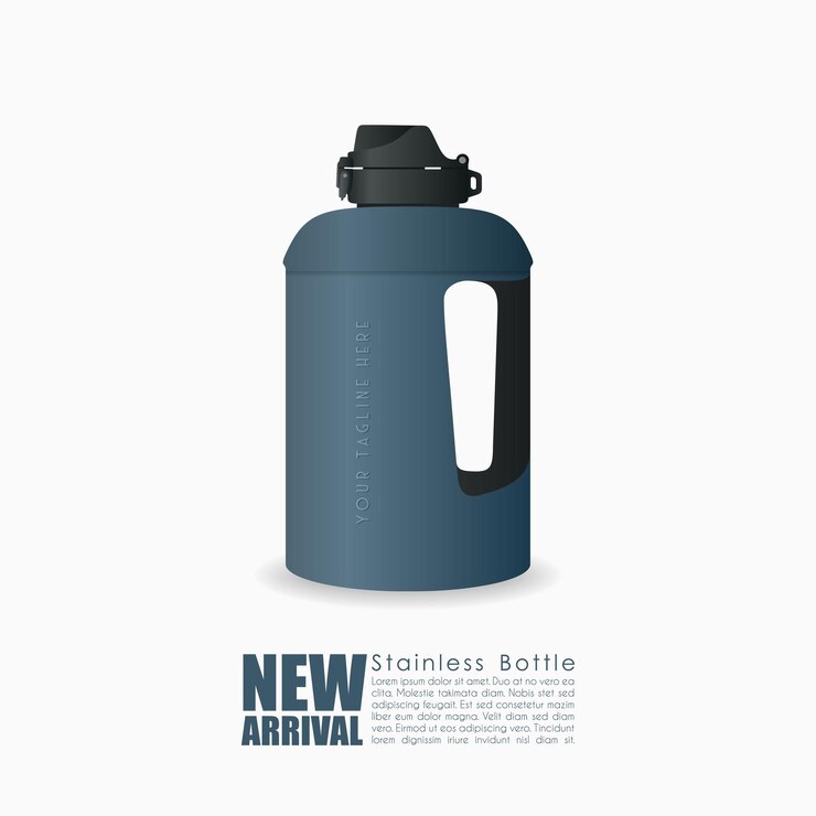 Vector tumbler mockup aluminum bottle with blue and black colours realistic mockup water bottle