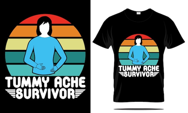 Tummy Aache Survivor Retro, 빈티지, 일몰 타이포그래피, 티셔츠 디자인