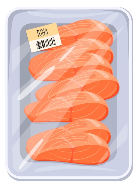 Vector tuna fillet in plastic wrap food cartoon icon